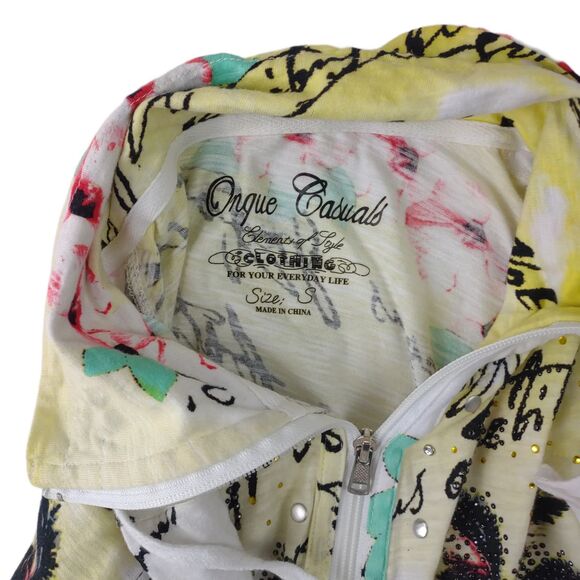 ONQUE CASUALS Women's Full Zip Jacket Tropical Art Rhinestone Stud Sz Small Y2K - Picture 2 of 5